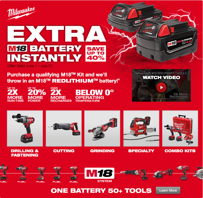 Purchase a qualifying M18 Kit and get M18 REDLITHIUM Batter Purchase a qualifying M18 Kit and get M18 REDLITHIUM Batter