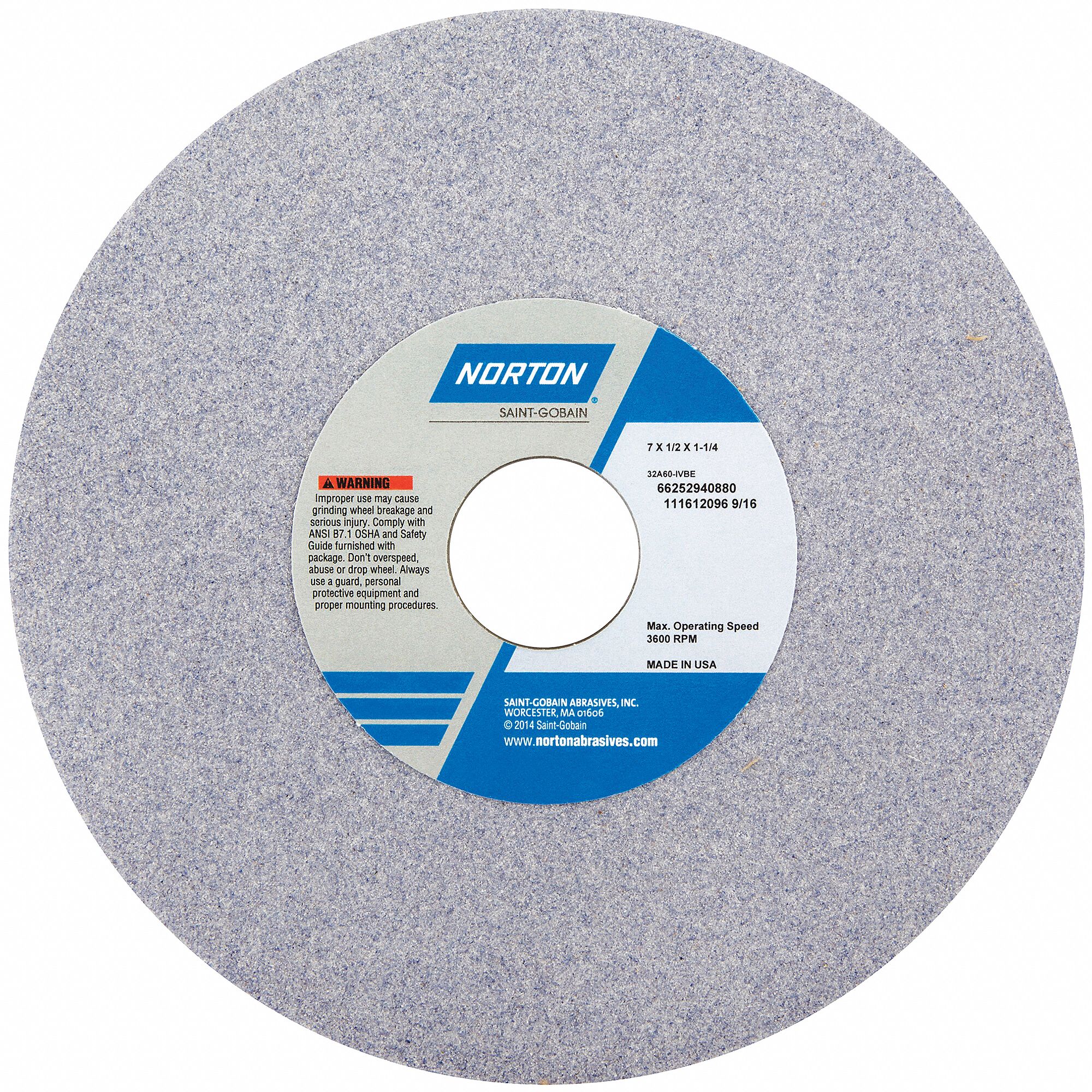 NORTON Type 1 Aluminum Oxide Straight Grinding Wheel, 7 in, 1 1/4 in