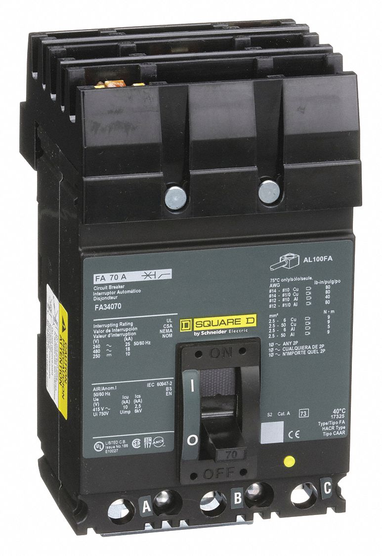 SQUARE D Circuit Breaker, 70 Amps, Number of Poles 3, Series FA, For Use With I Line Panelboards