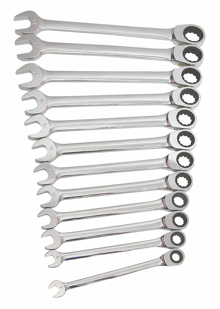 WESTWARD Ratcheting Wrench Set, Alloy Steel, Chrome 1LCF91LCF9