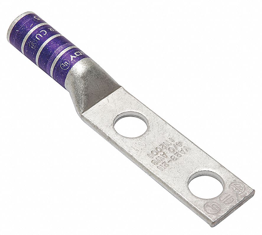 BURNDY TwoHole Lug Compression Connector, Straight Barrel, Cable Size