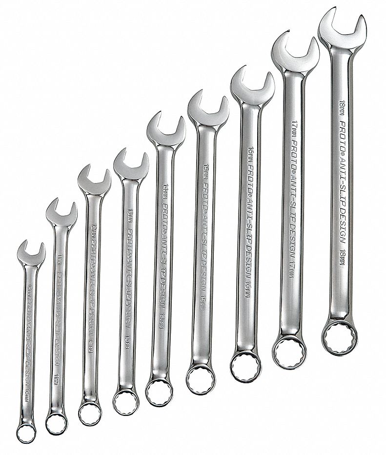PROTO Combination Wrench Set, Alloy Steel, Chrome, 9 Number of Tools