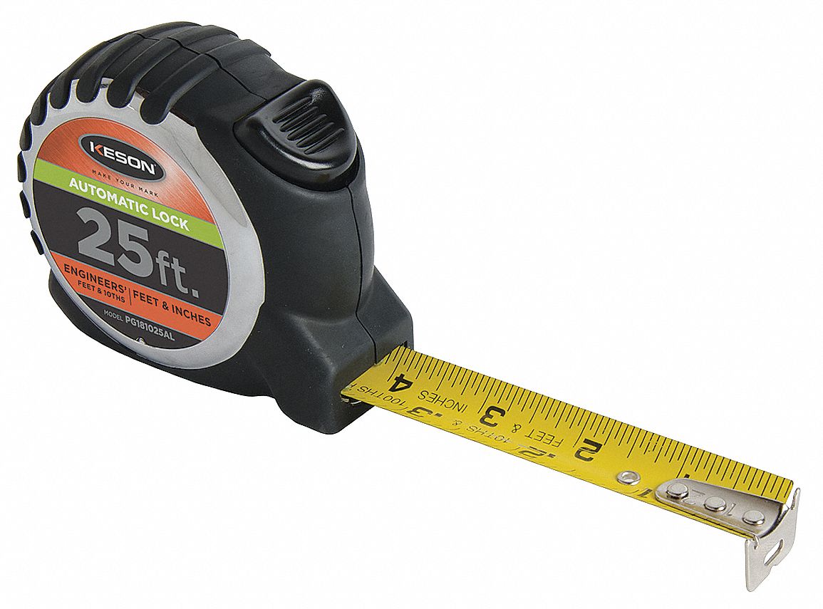 KESON 25 ft Steel Engineers Engineers Tape Measure, Black/Chrome 22N857PG181025AL Grainger