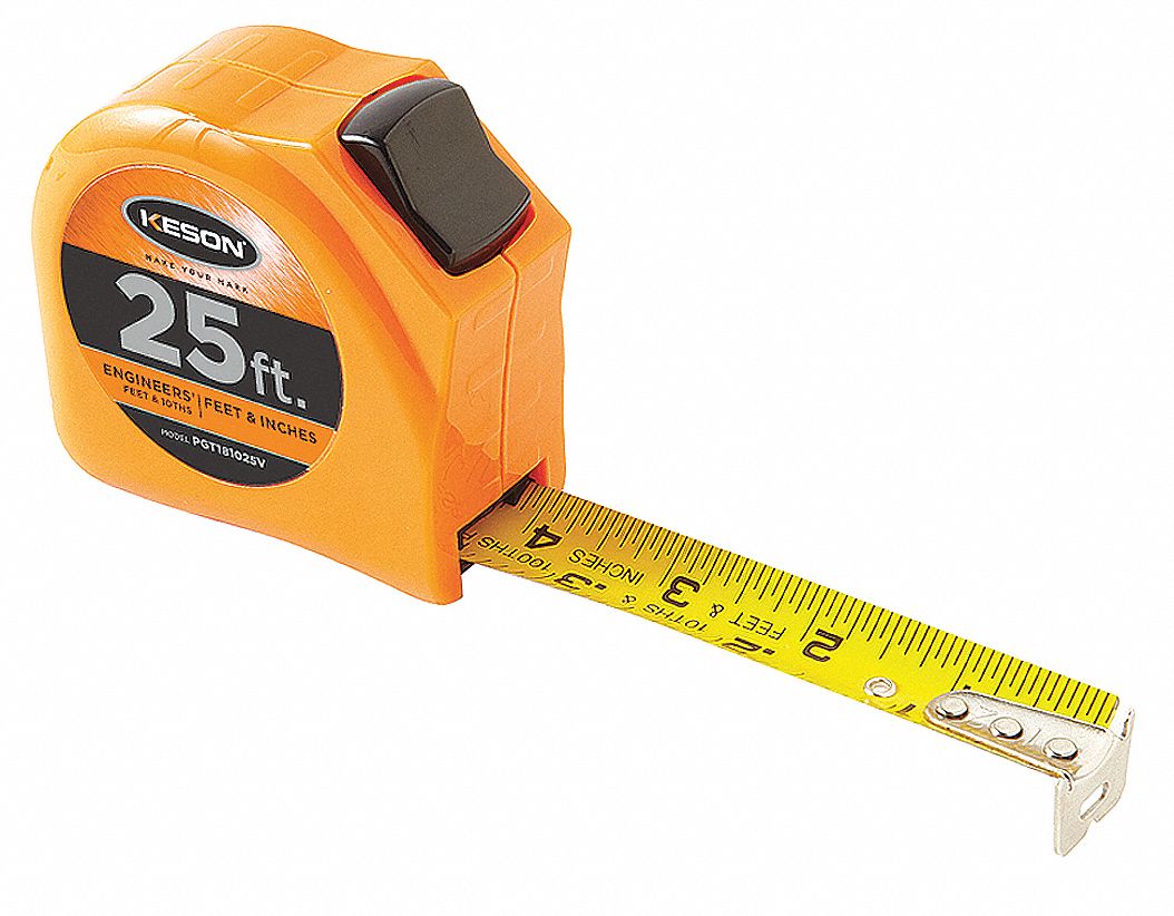 KESON 25 ft. Steel SAE Engineers Tape Measure, Orange 22N885PGT181025V Grainger