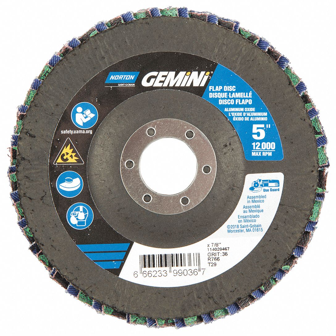 NORTON 5" Flap Disc, Type 29, 7/8" Mounting Hole, Extra Coarse, 36 Grit