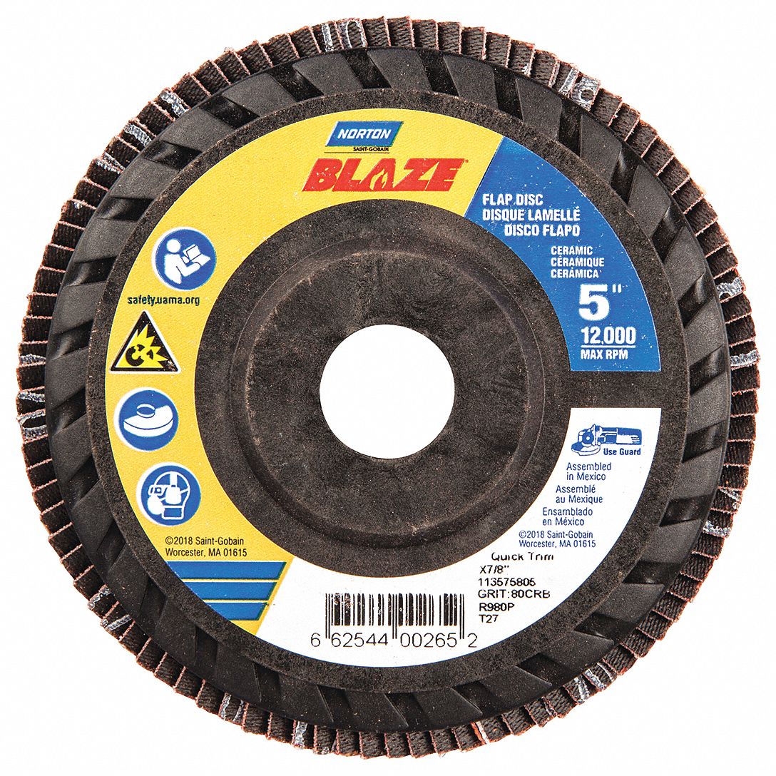NORTON 5" Flap Disc, Type 27, 7/8" Mounting Hole, Medium, 80 Grit