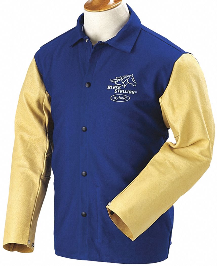Royal Blue/Tan100% 9 oz. Flame-Resistant Cotton Body and Grain Pigskin Sleeves Welding Jacket