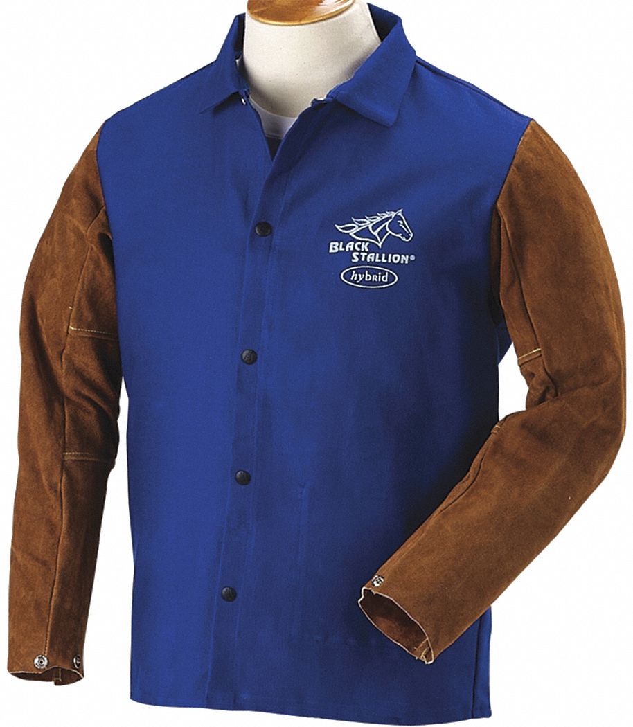 Royal Blue/Brown100% 9 oz. Flame-Resistant Treated Cotton Body and Cowhide Sleeves Welding Jacket