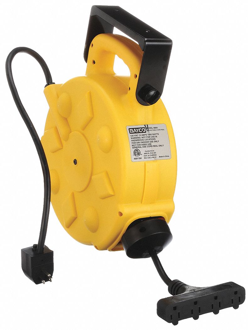 BAYCO PRODUCTS INC Cord Reel, 50 ft, 12/3, SJT, Yellow, 120VAC 263D26SL8904 Grainger
