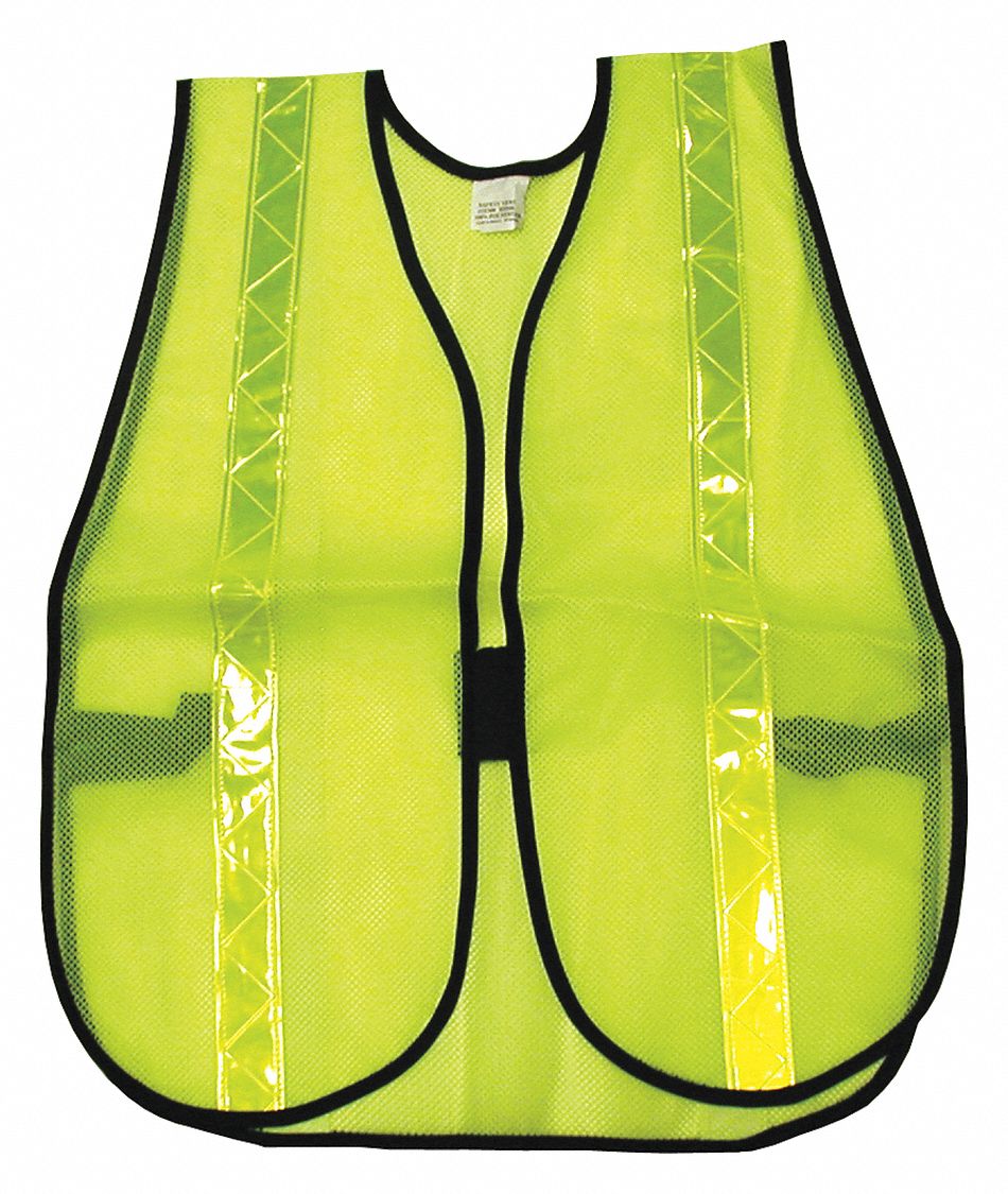 MCR SAFETY Poly Mesh Safety Vest 1 3 8 Lime Strip 26H147S220R Grainger