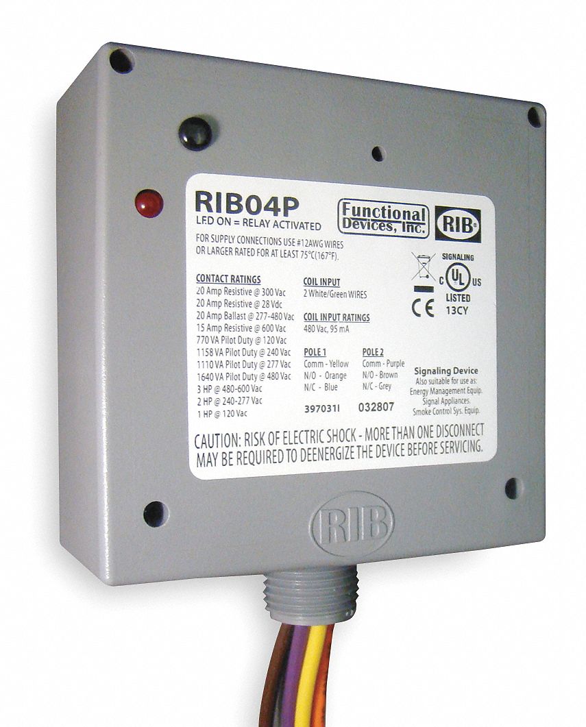 FUNCTIONAL DEVICES INC / RIB Prewired Relay, 480VAC, 20A 300V, 20A