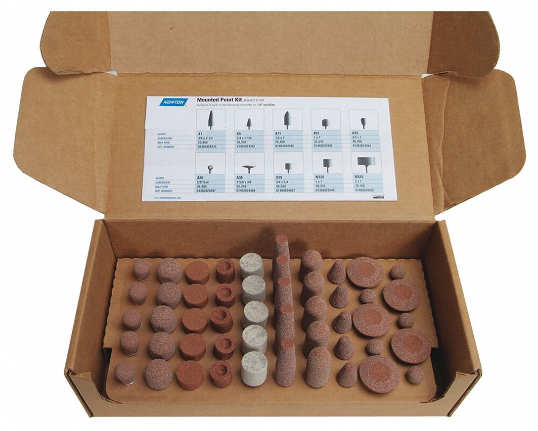 NORTON Vitrified Mounted Point Kit, 60 Grit, Medium Aluminum Oxide