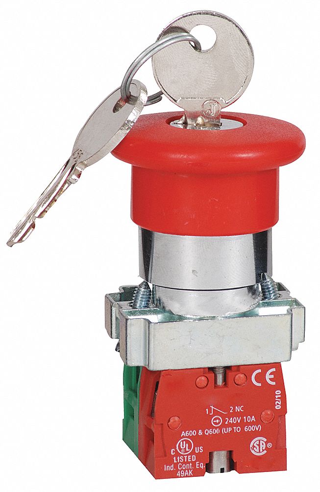 DAYTON Emergency Stop Push Button, 22 mm, Maintained Push / Key Release