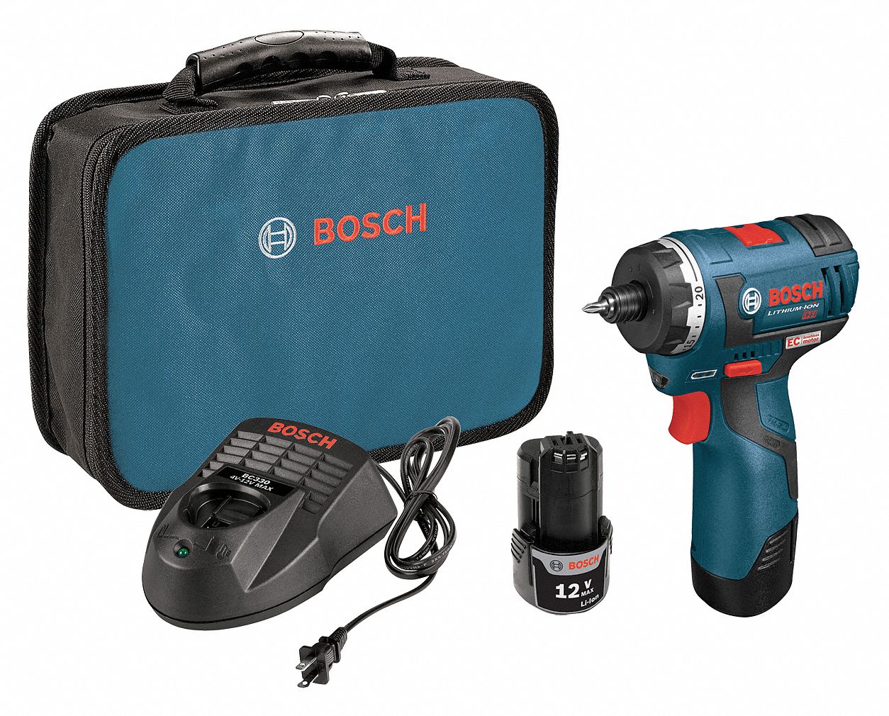 BOSCH Screwdriver Kit, Cordless, 1/4 in Hex Drive Size, 1,300 RPM