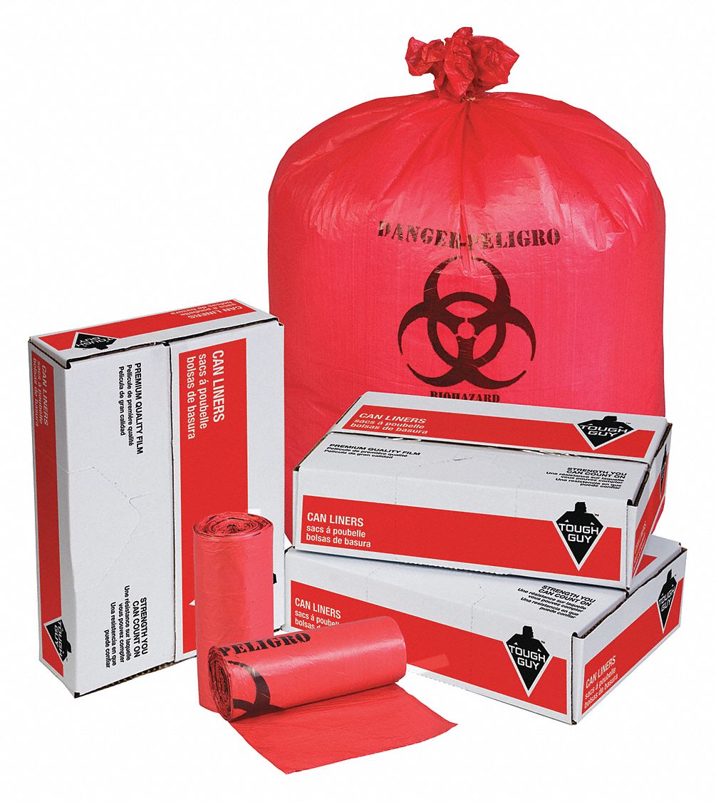 TOUGH GUY Biohazard Bags, 33 gal., HDPE, Red, Infectious Waste, PK 250