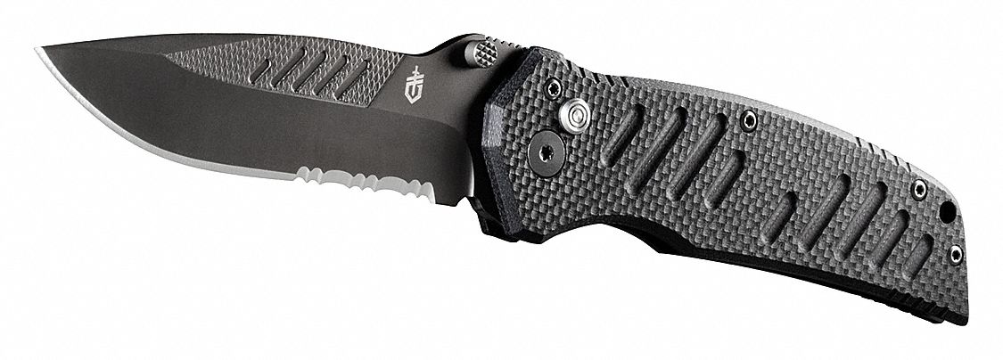 GERBER Folding Knife Partially Serrated Blade Edge 3 1 4 In Blade Length Locking Blade Plunge 