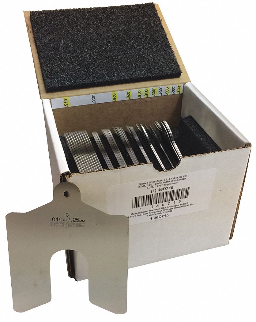 GRAINGER APPROVED Stainless Steel Slotted Shim with Tab Assortment, 80