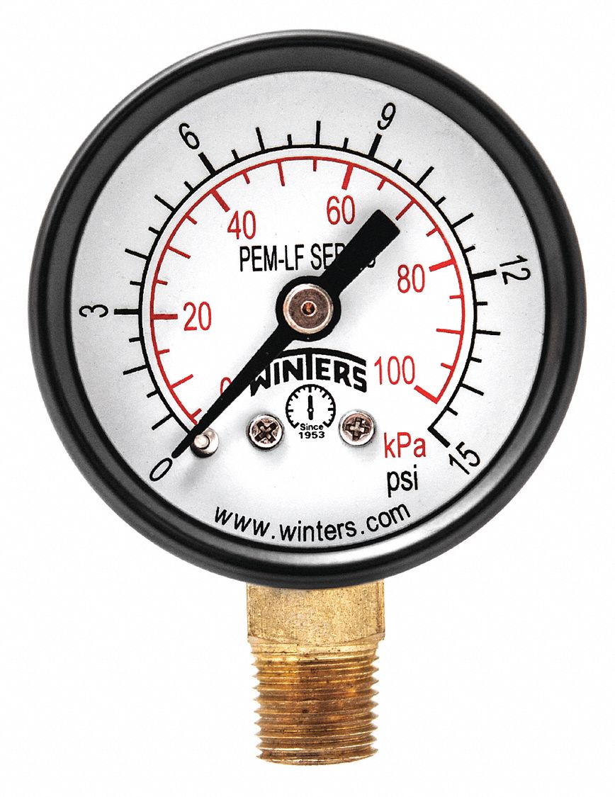 WINTERS Pressure Gauge, 0 to 15 psi Range, 1/8 in NPT, +/323 Gauge