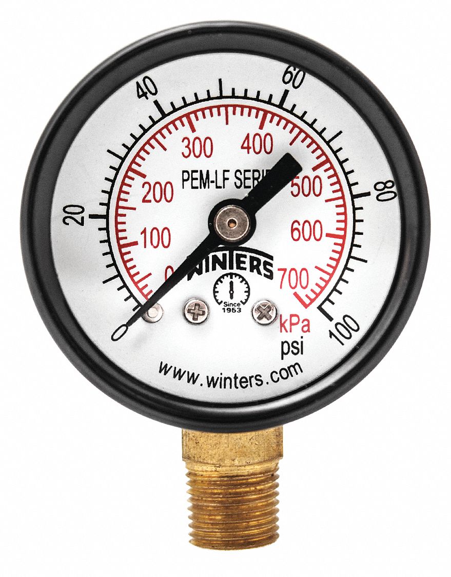 WINTERS Pressure Gauge, 0 to 100 psi Range, 1/8 in NPT, +/323 Gauge