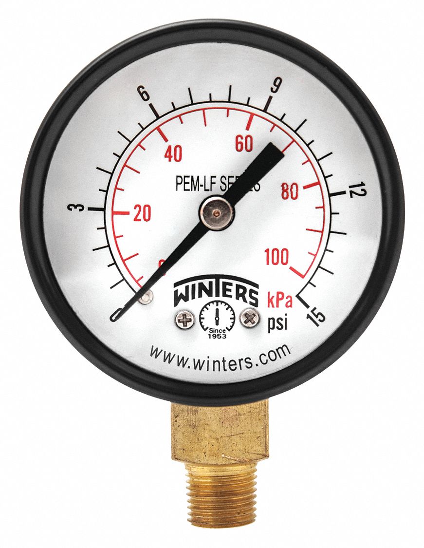 WINTERS Pressure Gauge, 0 to 15 psi Range, 1/8 in NPT, ±323 Gauge