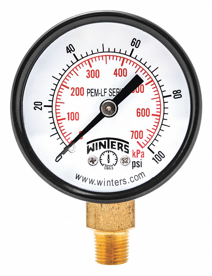 WINTERS Pressure Gauge, 0 to 100 psi Range, 1/8 in NPT, +/323 Gauge