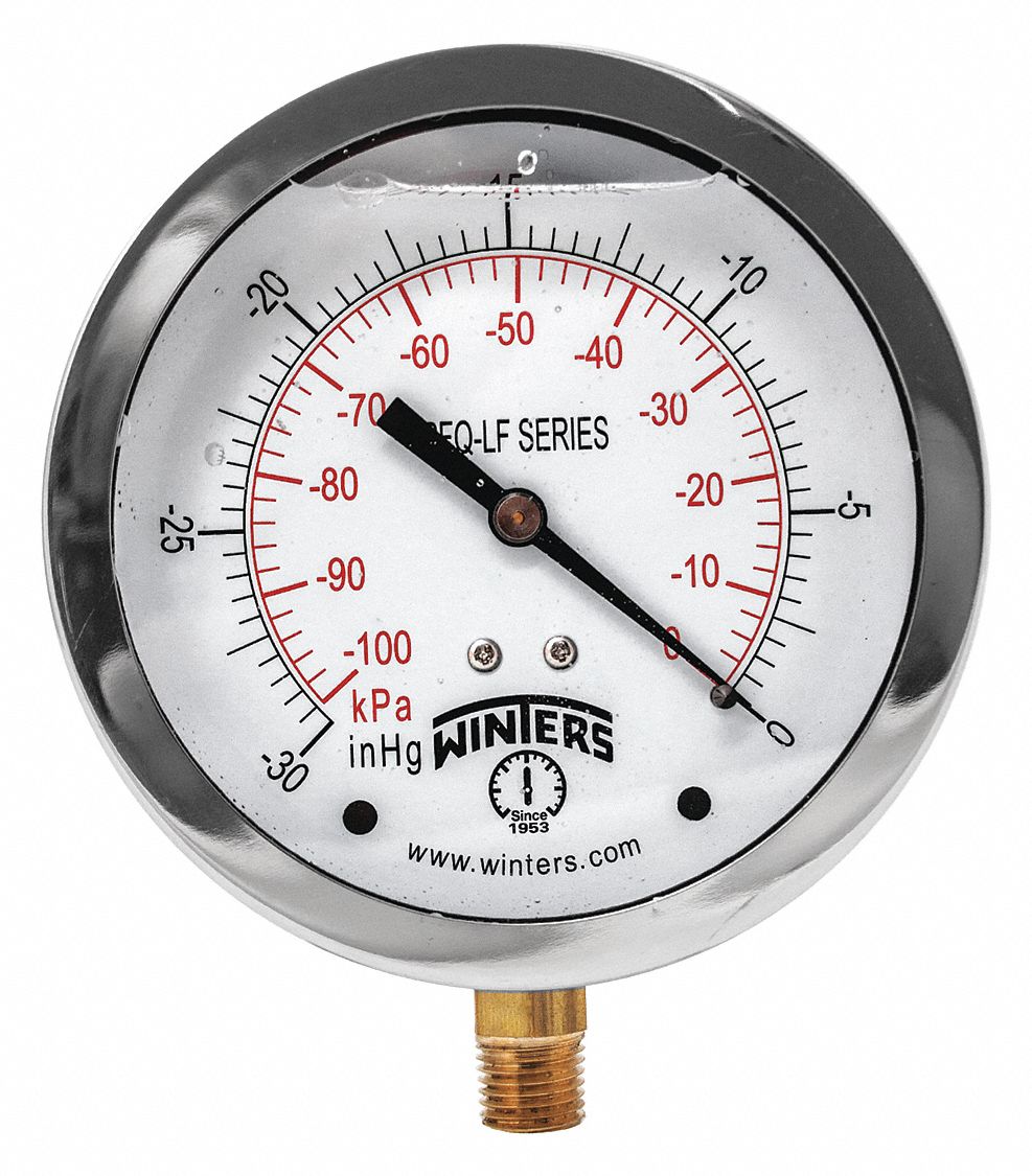 WINTERS Vacuum Gauge, 30 in Hg Vac to 0 Range, 1/4 in NPT, +/1.50