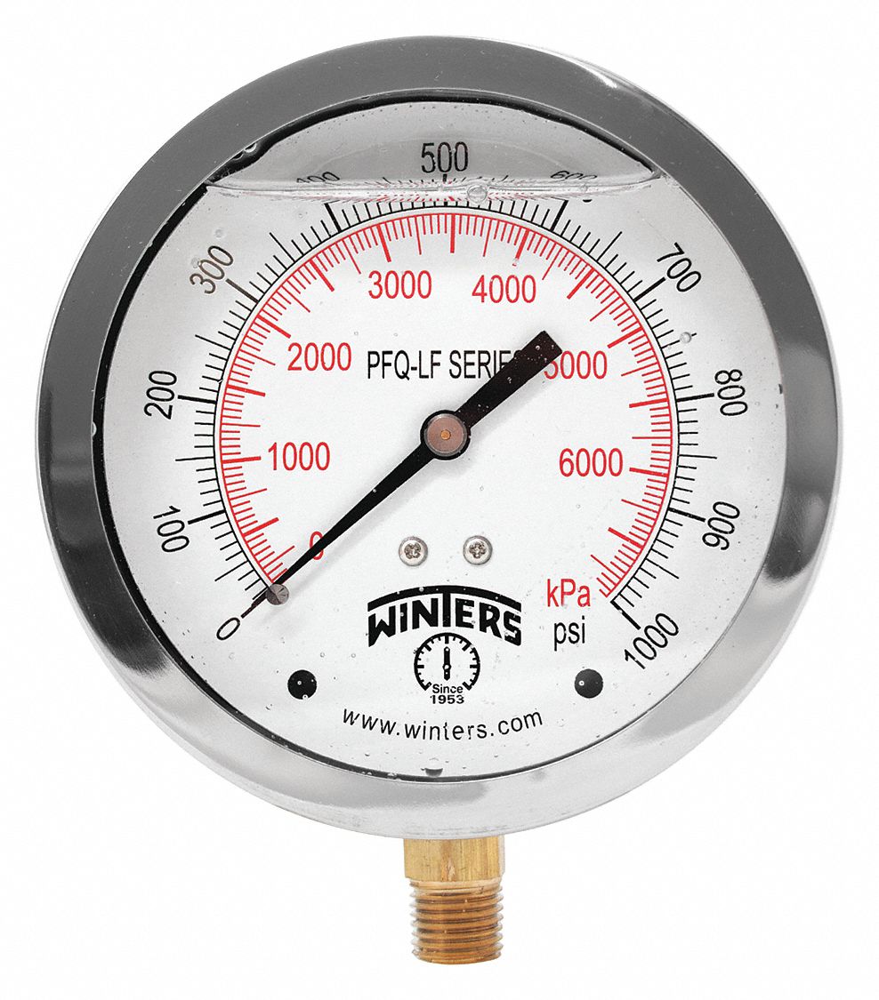 WINTERS Pressure Gauge, 0 to 1000 psi Range, 1/4" NPT, ±1.50 Gauge