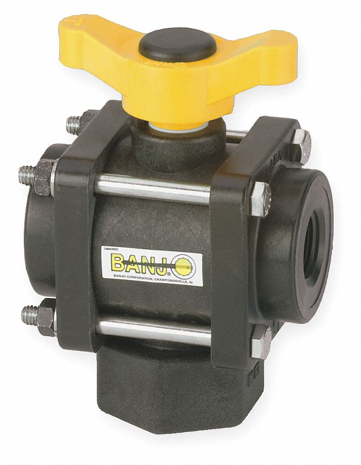 Poly Ball Valve,3-Way,FNPT,3/4 In