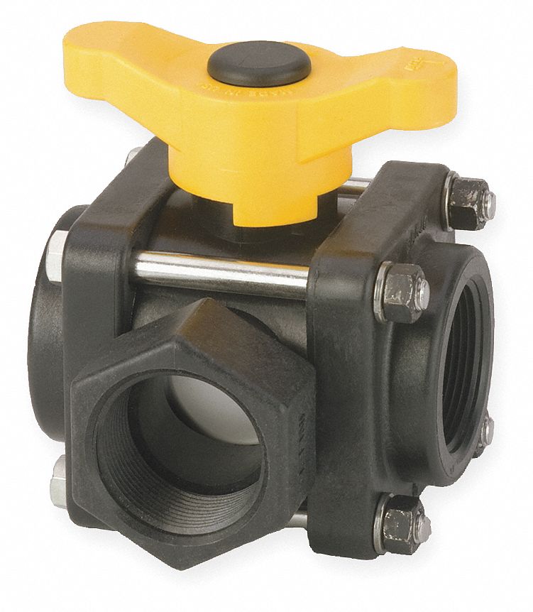 Poly Ball Valve,3-Way,FNPT,1-1/4 In