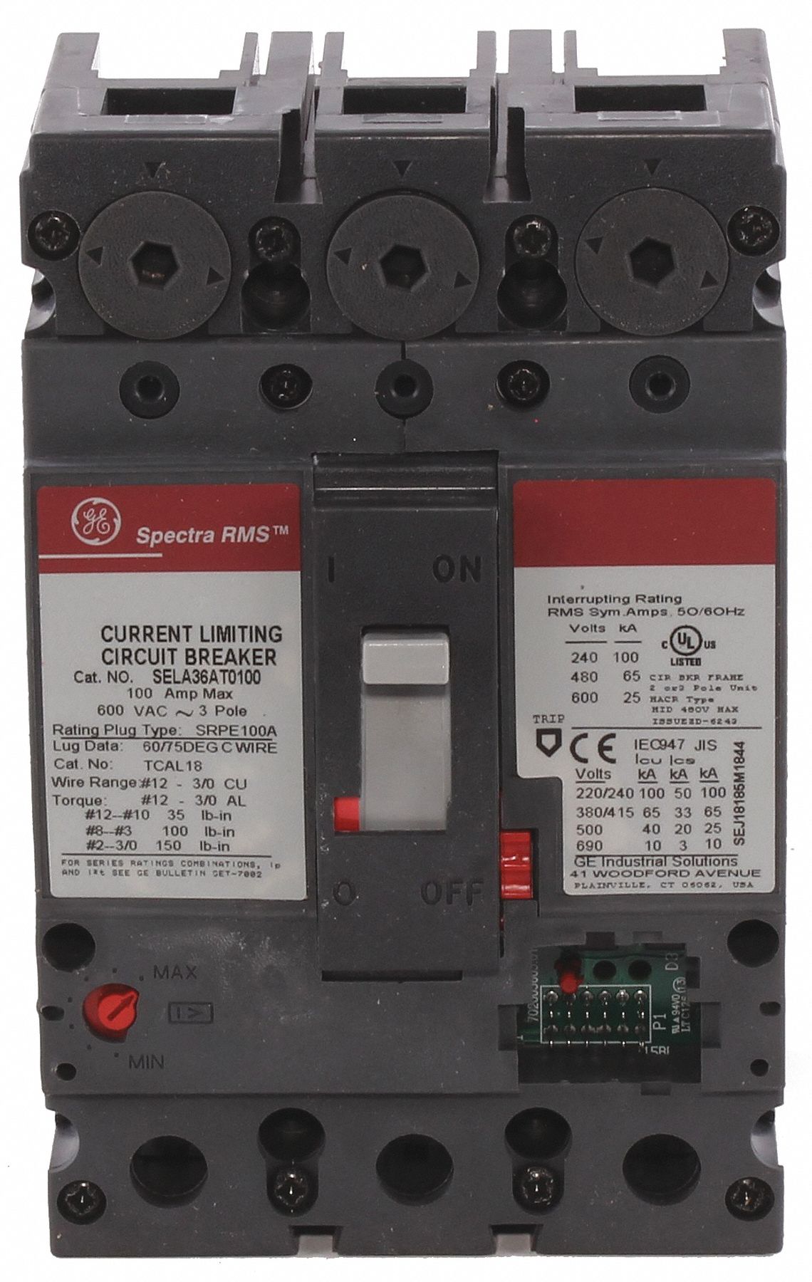 GE Circuit Breaker, 100 Amps, Number of Poles 3, 600VAC AC Voltage