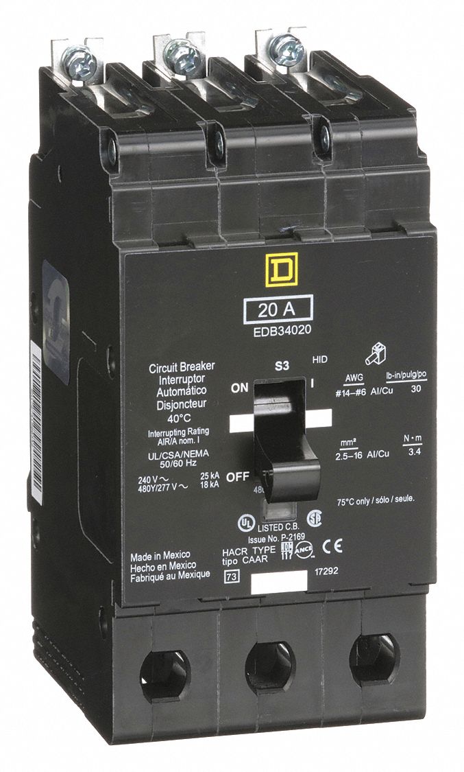 SQUARE D Bolt On Circuit Breaker, 20 Amps, Number of Poles 3, 277/480VAC AC Voltage Rating