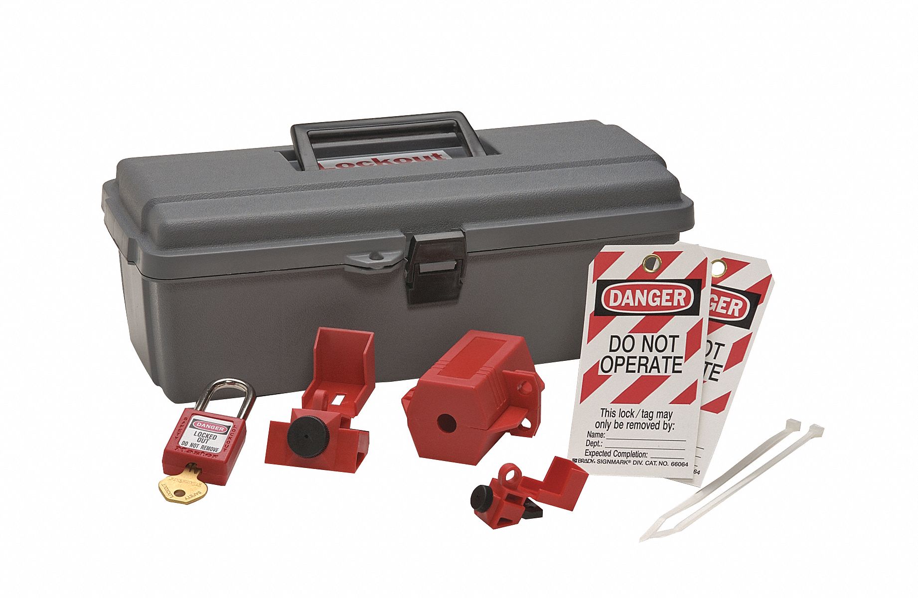 BRADY Portable Lockout Kit, Filled, Electrical Lockout, Tool Box, Gray