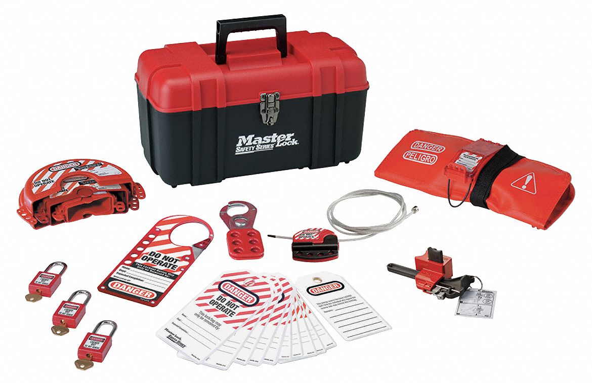MASTER LOCK Portable Lockout Kit, Filled, Valve Lockout, Tool Box, Red