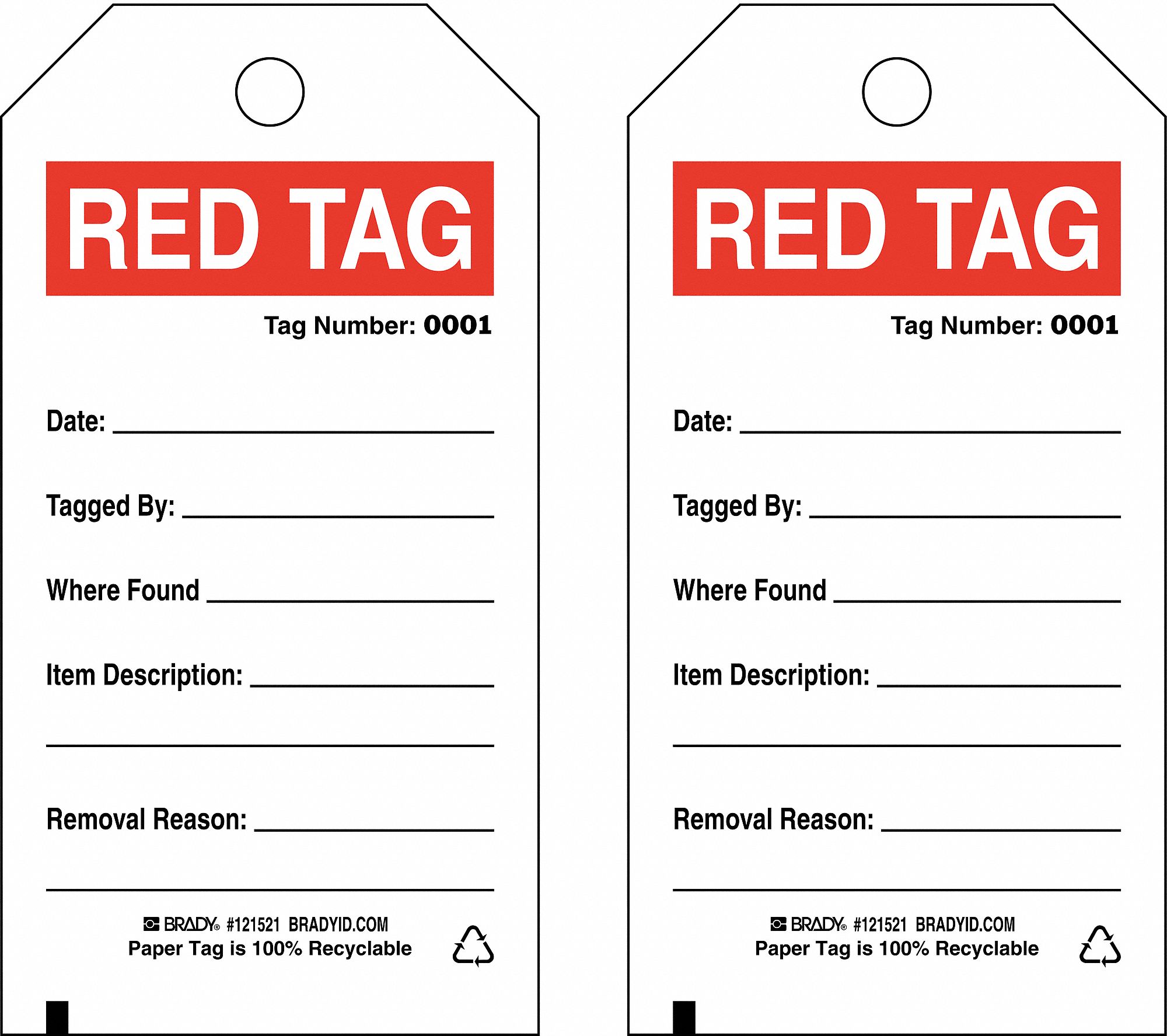 BRADY 5S Red Tag, Cardstock, Height 53/4", Width 3 ", White 41F338