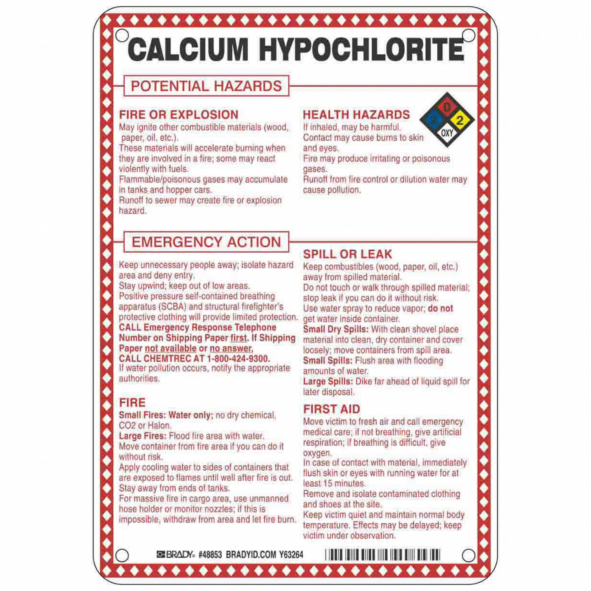 Calcium Hypochlorite Potential Hazards Fiberglass Chemical Sign