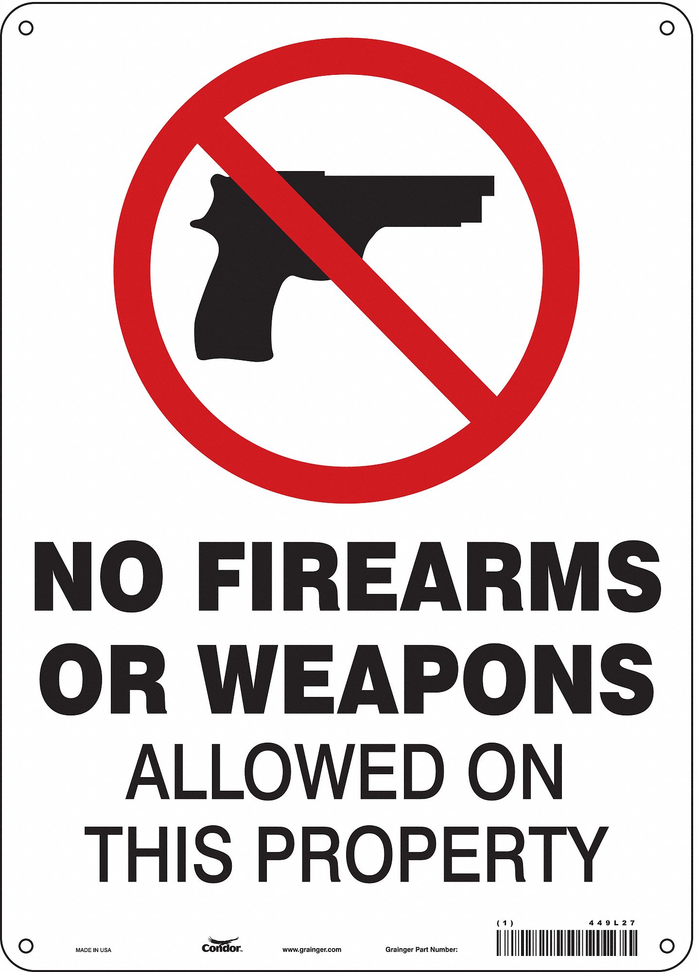 Condor Safety Sign No Firearms Or Weapons Allowed On This Property Sign Header No Header