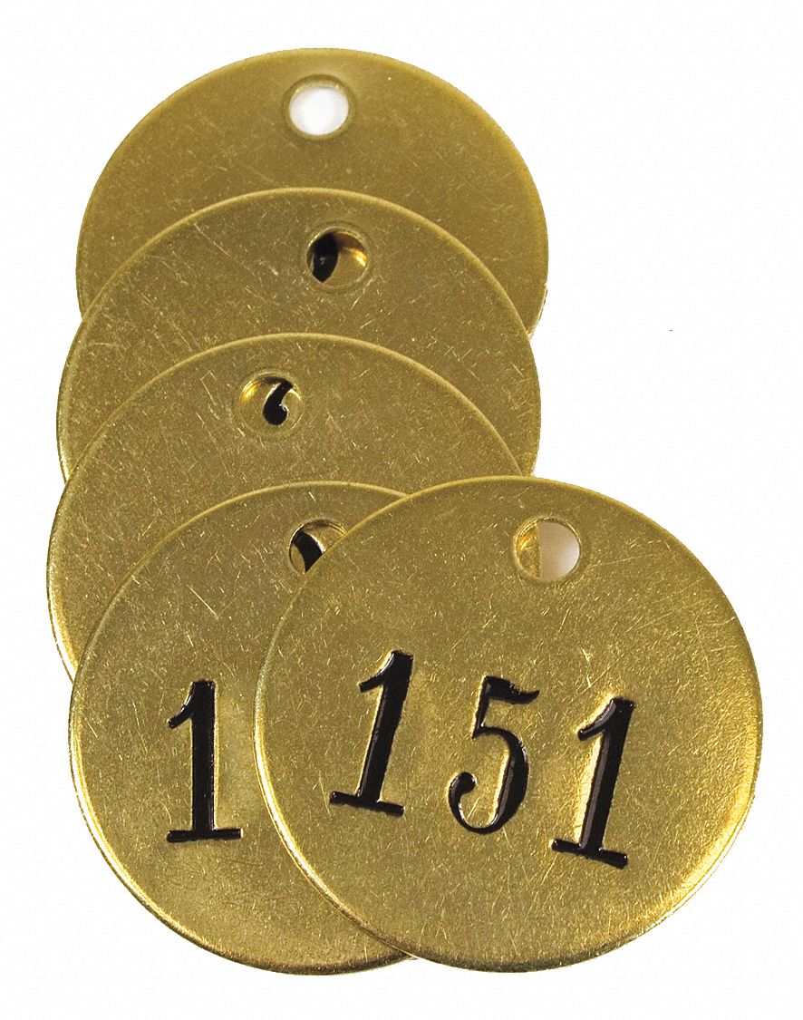 GRAINGER APPROVED Numbered Tag, Material Brass, Color Yellow, Height 1