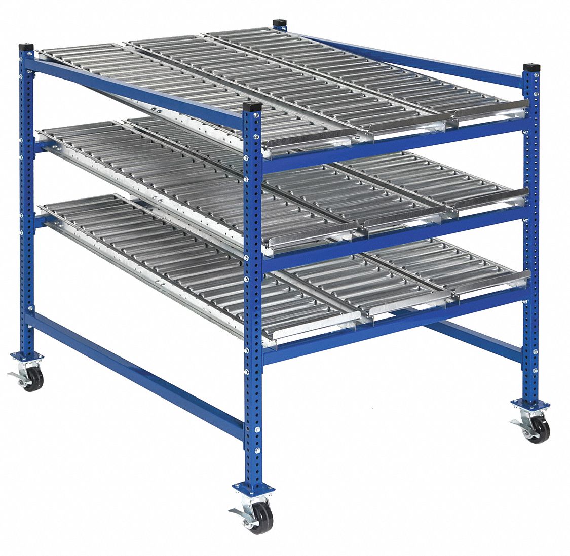 UNEX FLOW CELL Mobile Gravity Flow Rack with Steel Roller Lanes Decking