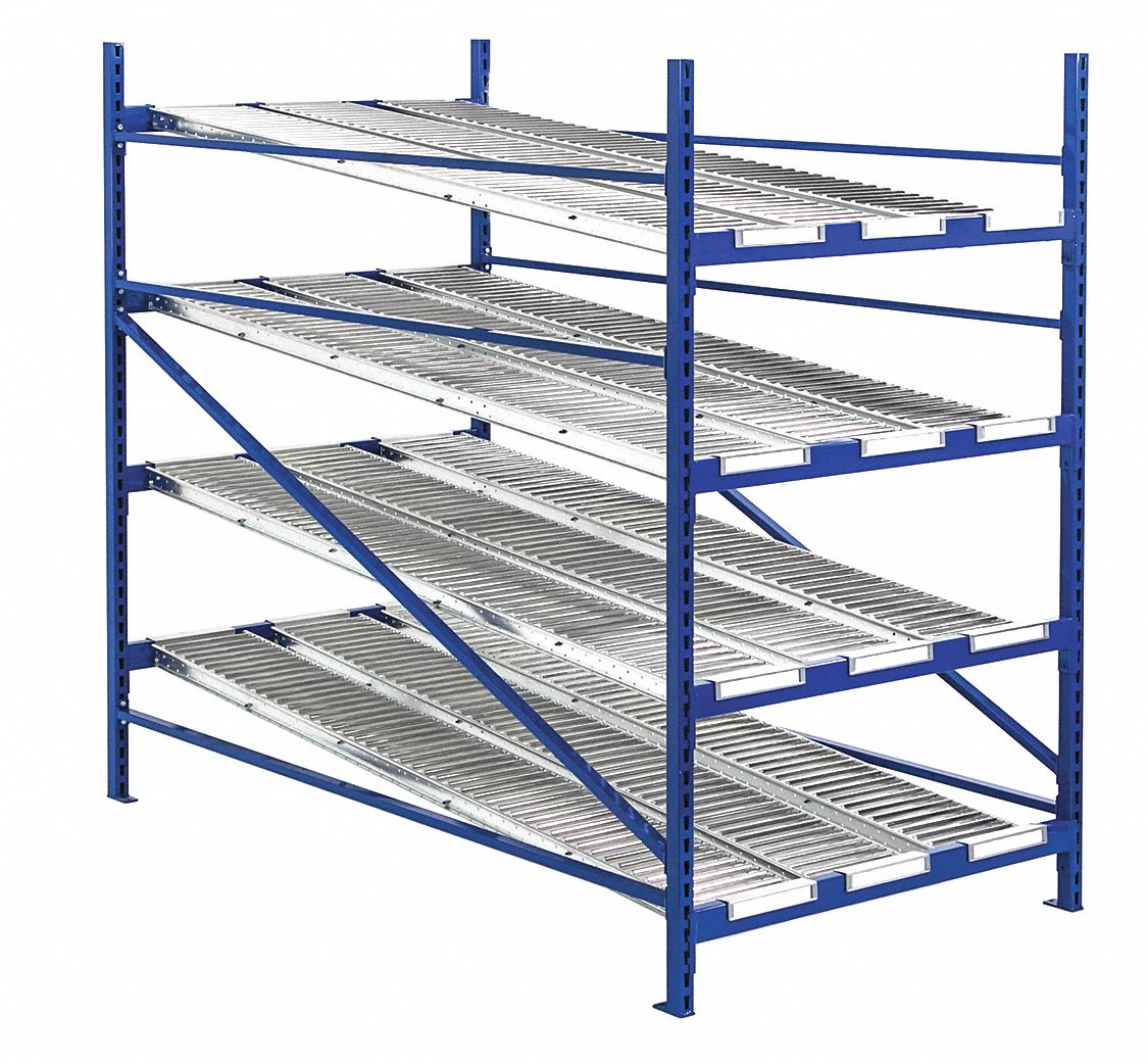 UNEX ROLLER RACK AddOn Gravity Flow Rack with Knuckled Roller Lane Decking and 4 Shelves, 96"W