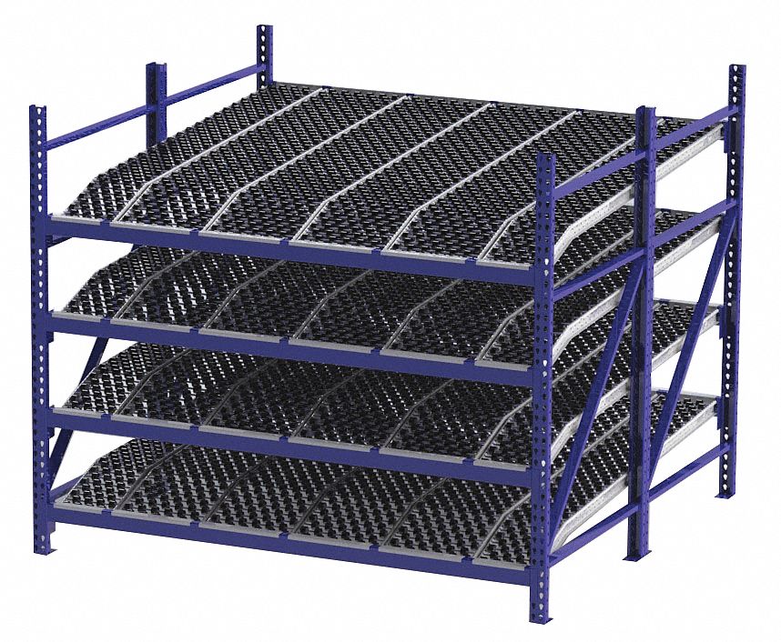 UNEX ROLLER RACK Starter Gravity Flow Rack with Knuckled Wheelbed Decking and 4 Shelves, 96"W x
