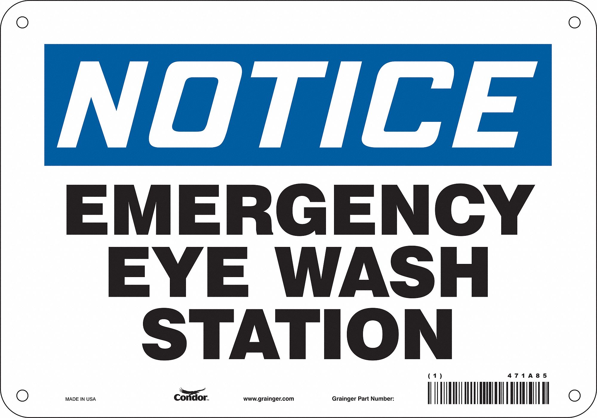 CONDOR Safety Sign Sign Format Traditional OSHA Emergency Eye Wash