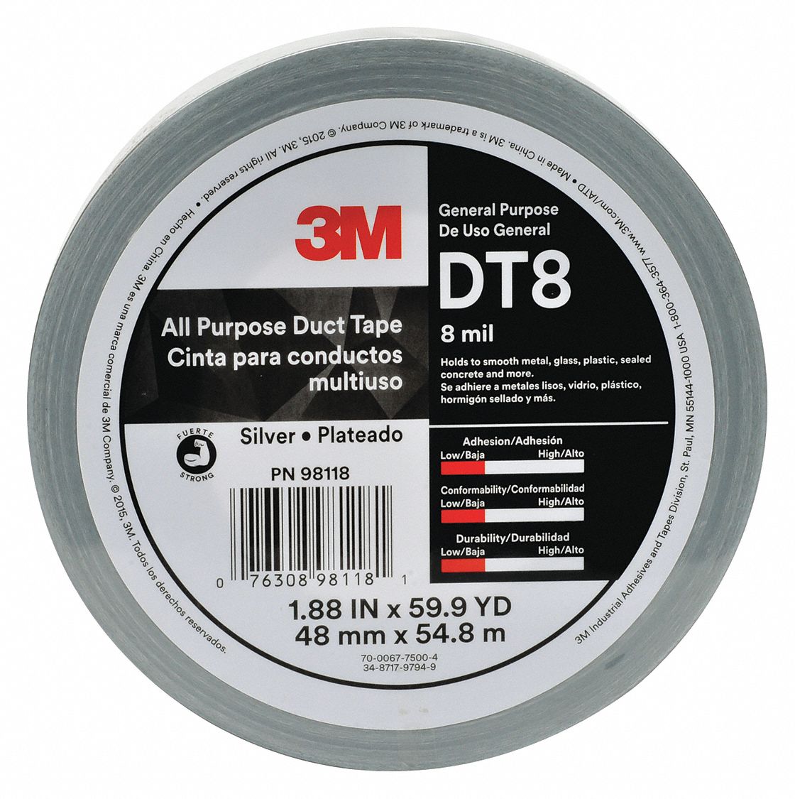 3M Duct Tape Grade Utility, Number of Adhesive Sides 1, Duct Tape Type Duct Tape 48YF88DT8