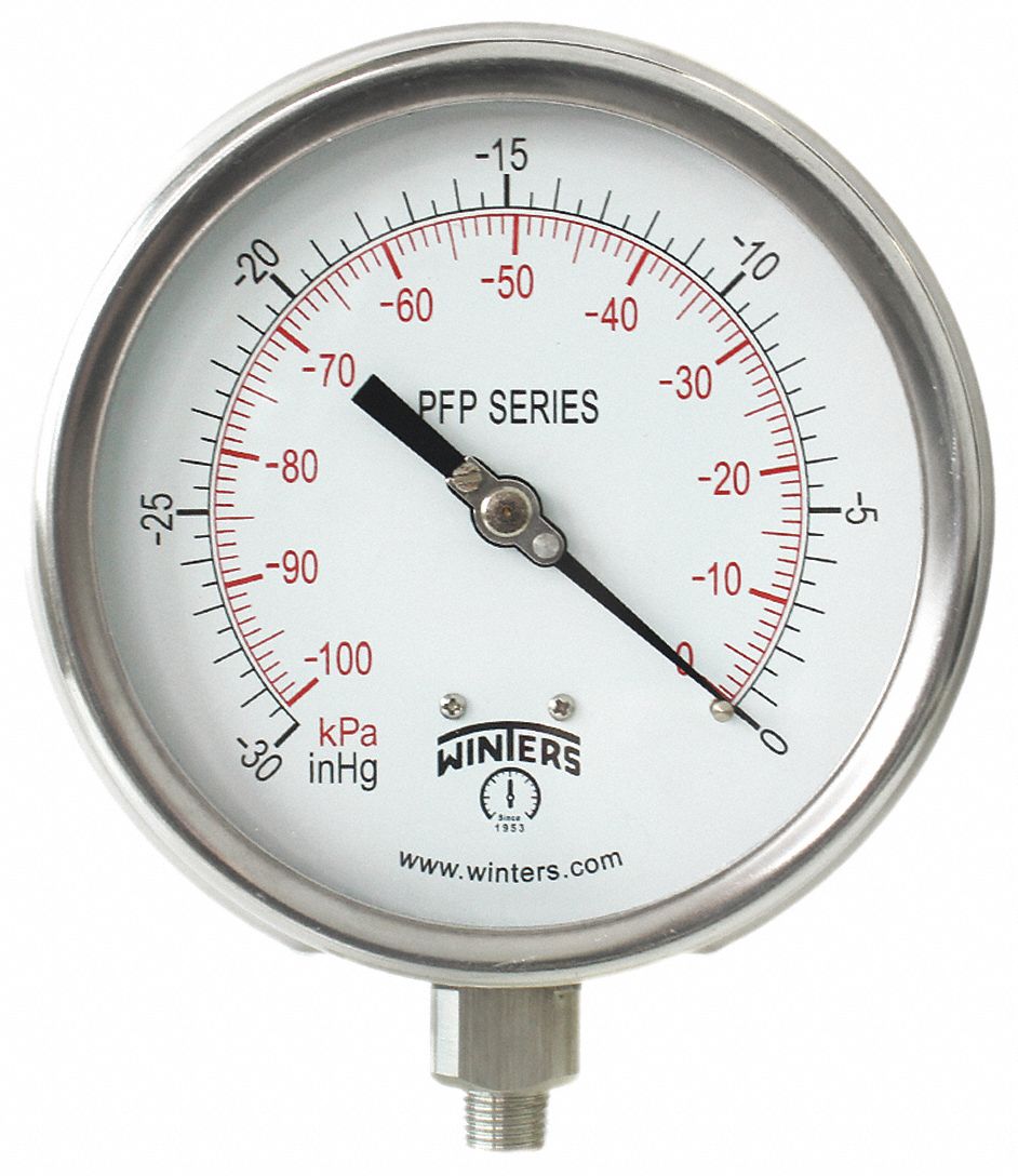 WINTERS INSTRUMENTS Vacuum Gauge, 30 in to 0 in Hg Range, 1/4 in NPT