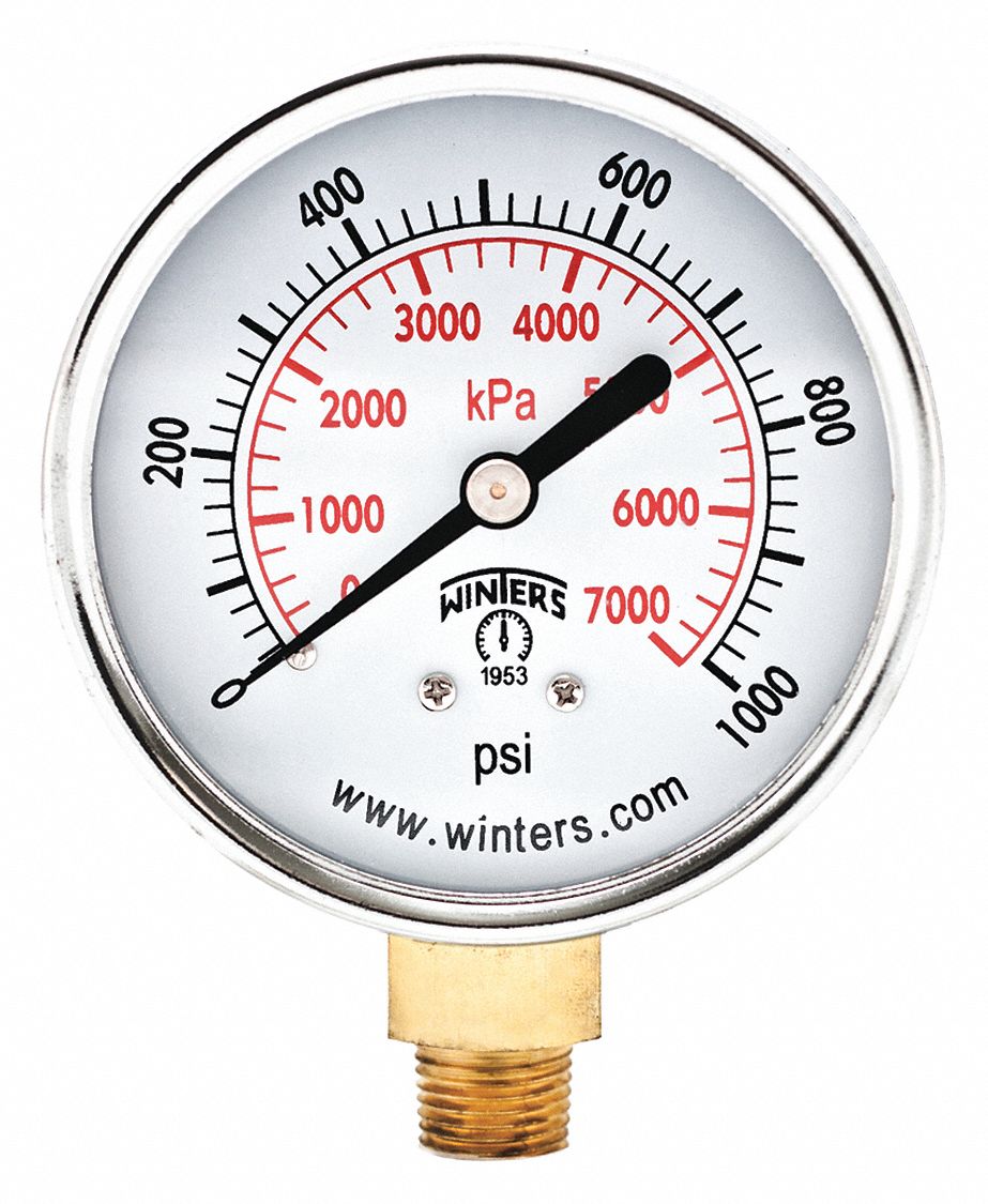 WINTERS INSTRUMENTS Pressure Gauge, 0 to 1000 psi Range, 1/4 in MNPT