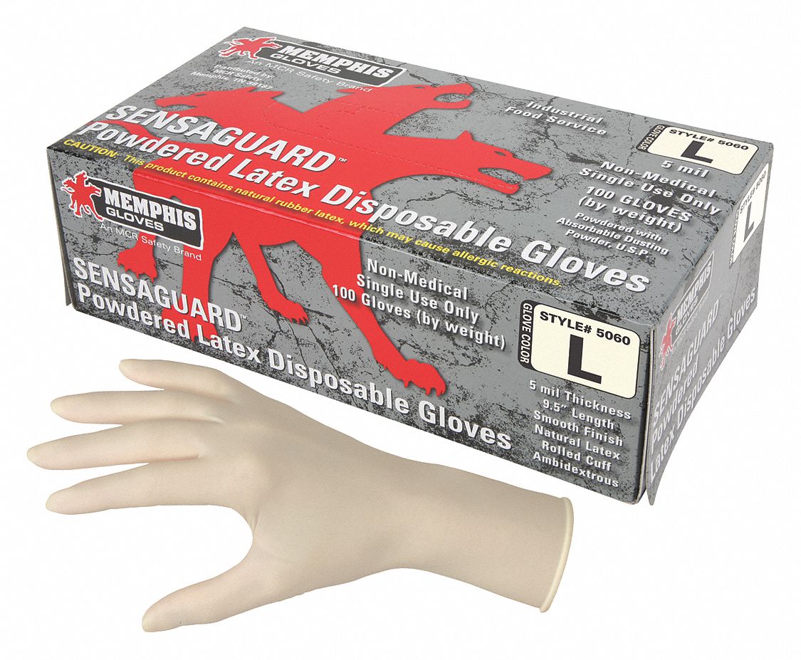 MCR SAFETY Natural Rubber Latex Disposable Gloves, L, Powdered, 5.00