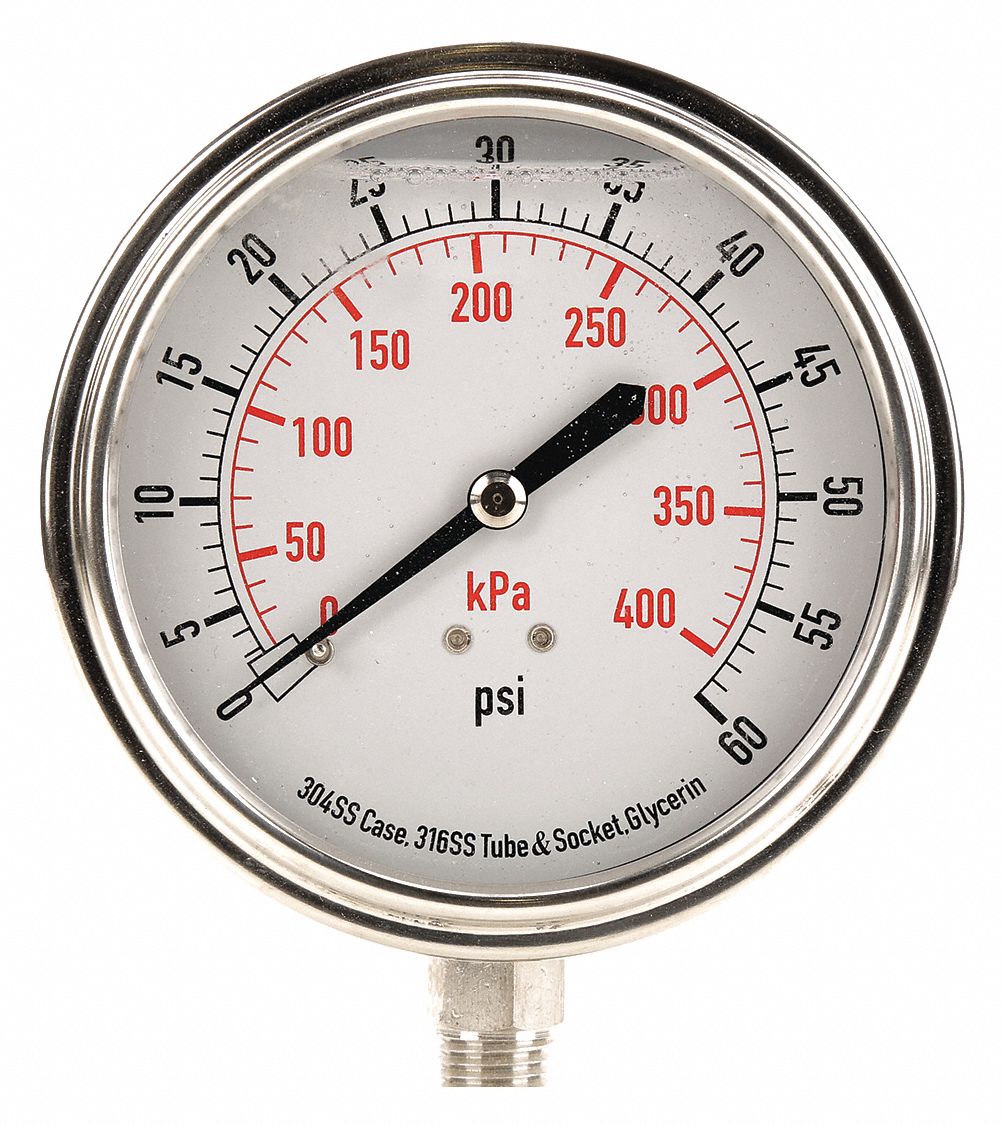 GRAINGER APPROVED Pressure Gauge, 0 to 400 kPa, 0 to 60 psi Range, 1/4
