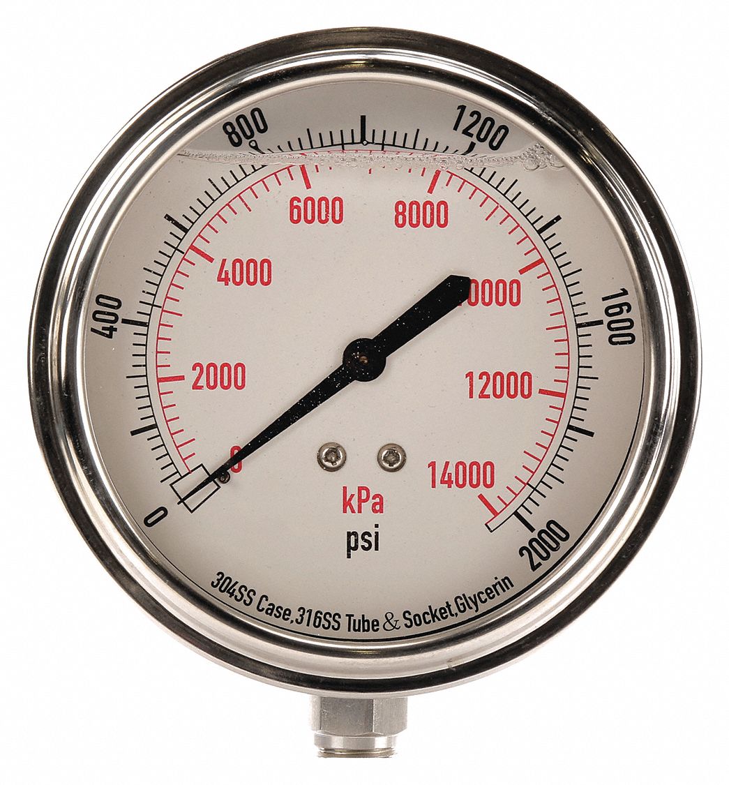 GRAINGER APPROVED Pressure Gauge, 0 to 14,000 kPa, 0 to 2000 psi Range, 1/4 in MNPT, +/323