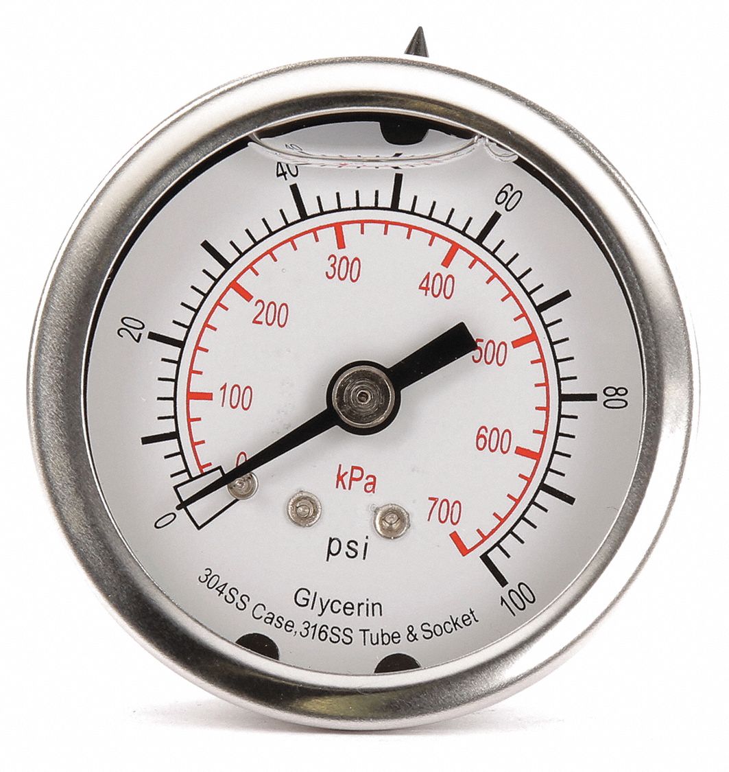 GRAINGER APPROVED Pressure Gauge, 0 to 100 psi, 0 to 700 kPa Range, 1/4 in MNPT, +/323 Gauge