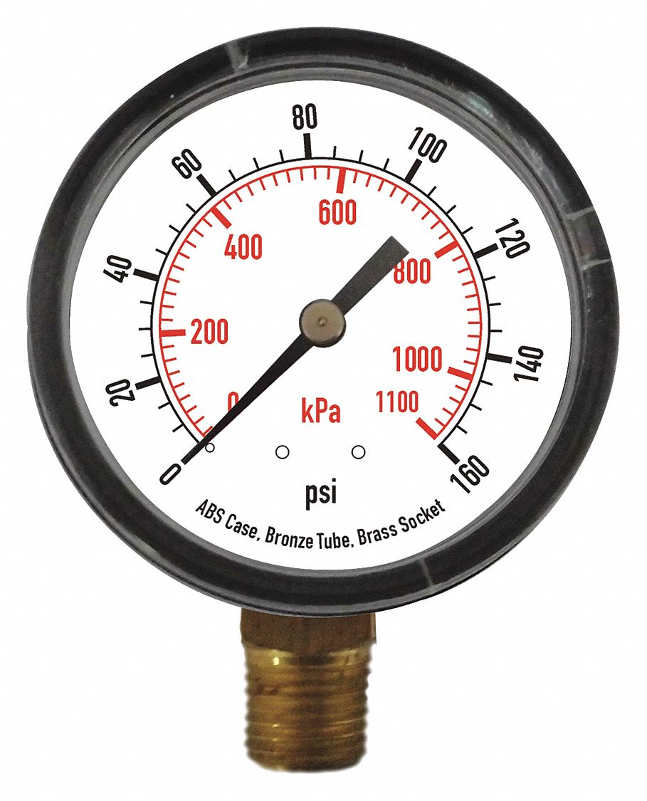 GRAINGER APPROVED Pressure Gauge, 0 to 1100 kPa, 0 to 160 psi Range, 1/4 in MNPT, +/323