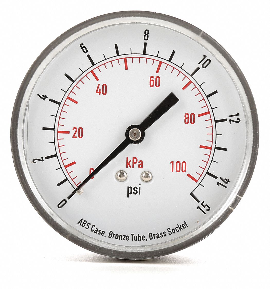 GRAINGER APPROVED Pressure Gauge, 0 to 15 psi, 0 to 100 kPa Range, 1/4